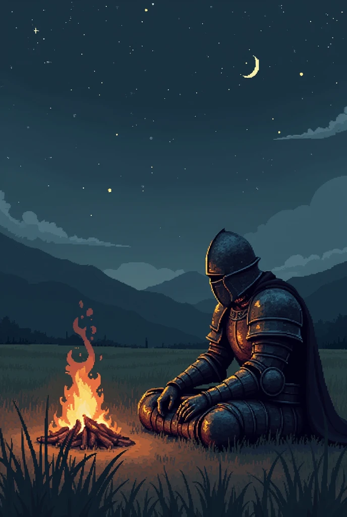 Realistic pixel dark soul knight resting by the campfire in a field at night