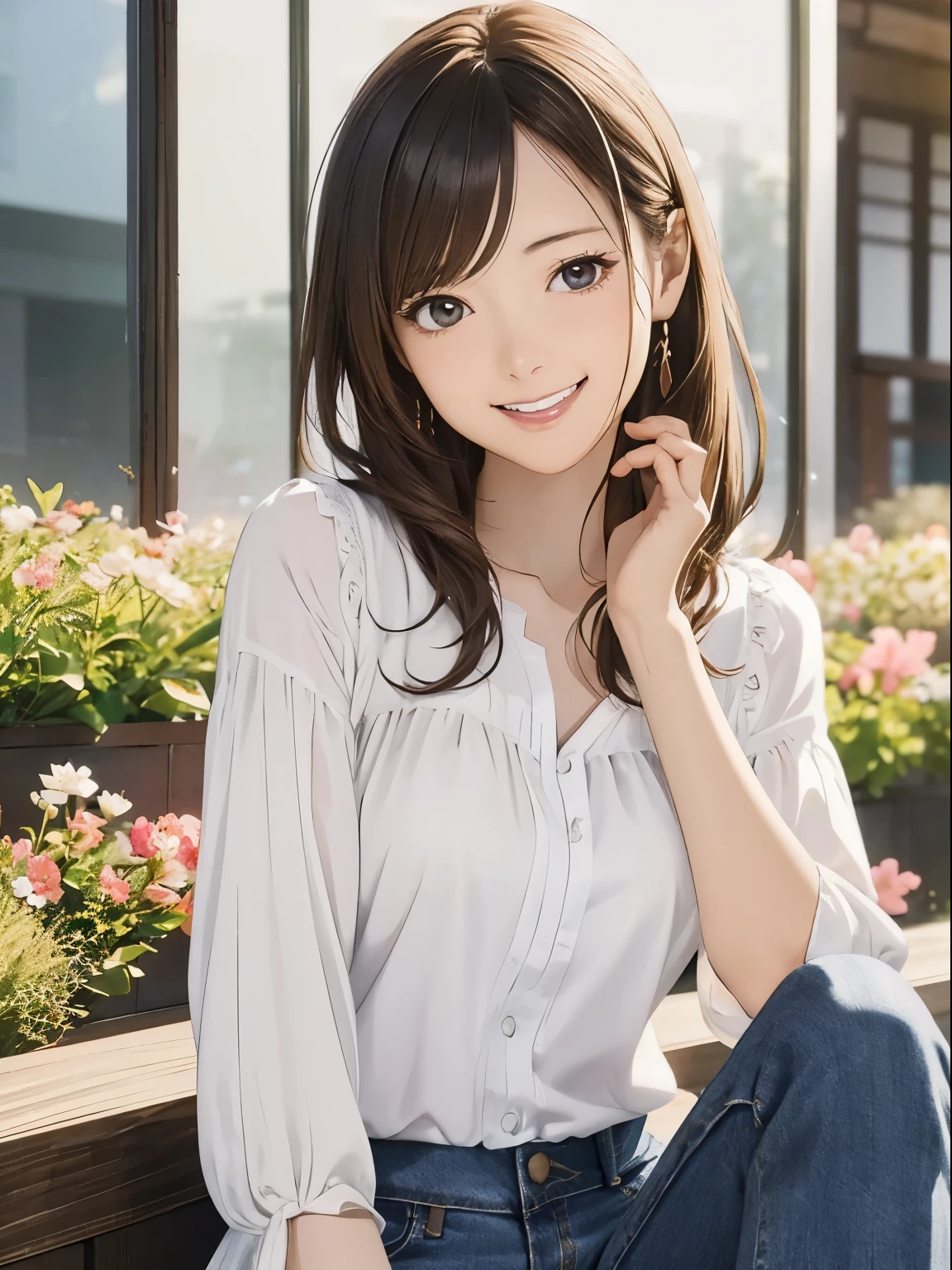 High resolution, 8k, Highest quality, detailed, Semi-realistic anime, Anime 3D Style, Smooth anime CG, One Girl, A 20-year-old Japanese woman, slim, Modeled, Shiny brown hair, detailedな顔, Beautiful and detailed, Glowing Skin, Hard Focus、Film Grain, Soft lighting, Looking at the audience, Laughter, (A woman wearing a simple blouse and jeans), Early summer plateau、A single flower blooming in a meadow under a clear blue sky