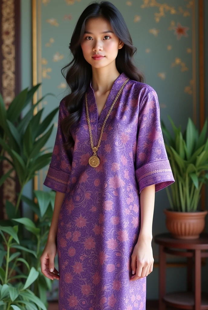 Thai dress, purple Thai pattern, loose and neat style.