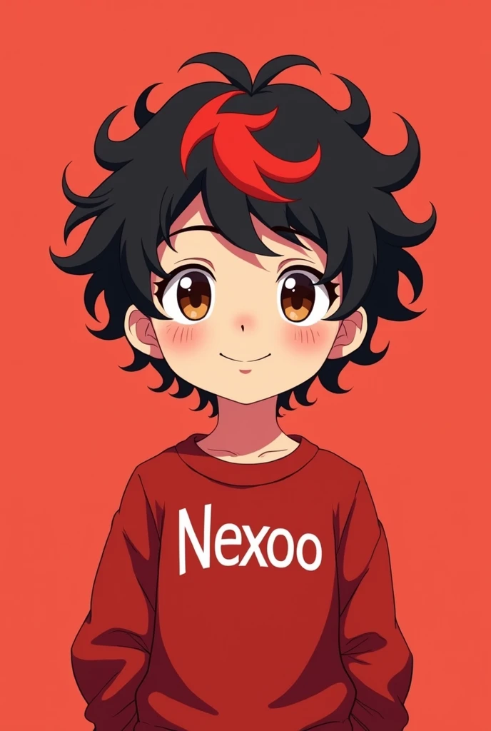 Embarrass me a he has curly hair and a red stripe in front and he should look like in an anime he has a red sweater with Nexoo written on it in white letters the background should be light red and he has a red stripe in front the background is red he is a boy a little brown eyes