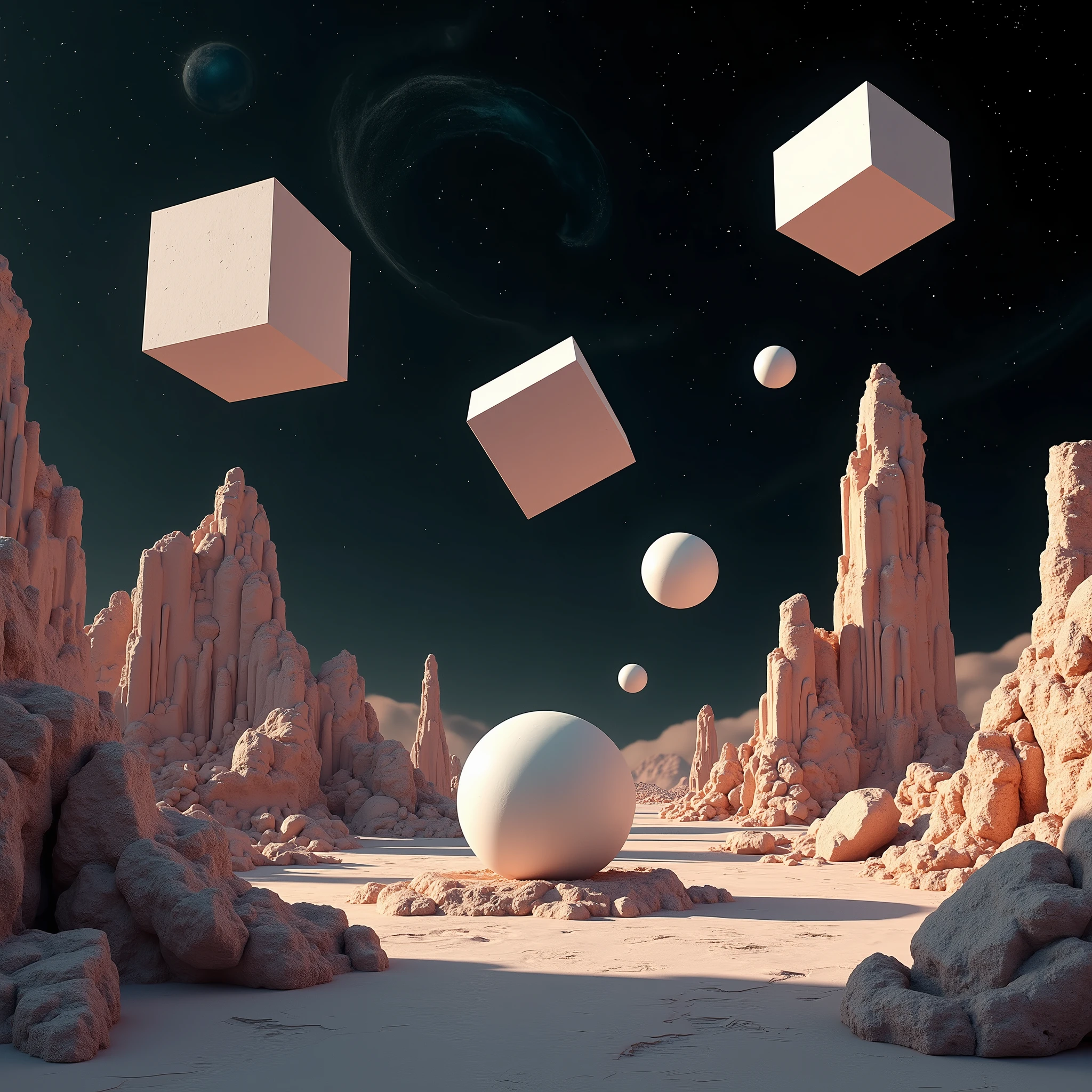 a shot of floating geometrical 3D shapes levitating above ground in close proximity in an alien otherworldly landscape filled with geometrical remnant ruins from an old civilization staying silent guarding the landscape. it is night time with pitch black sky filled with stars, planets and nebulas making the deep space visible. in the style of IMAX FILMS. surreal world, realistic, photorealism, high resolution, best quality, sharp details, 4K HDR