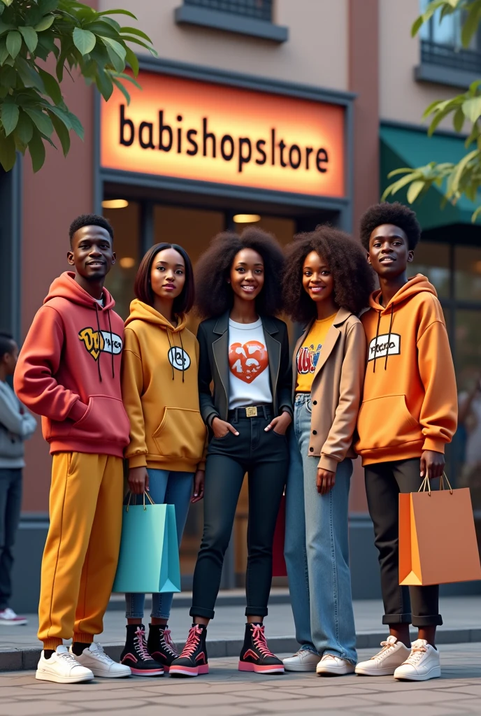 Image de 5 amis hommes et femmes noirs streetwear avec des sacs d'achat devant le magasin BABISHOPSTORE