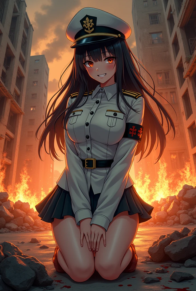 masterpiece, Highest quality, Abandoned city and fire in the background, A uniformed anime character kneeling on the ground, White Nazi SS soldier, 4K Manga Wallpaper, bleach, Exterminator, Bloodstained, Amazing anime 8k, gapmoe Yandere, Yandere, Albedo from the anime Overlord, Creepy Smile, Crazy laughter, Laugh with the corners of your mouth turned up, Black hair Long hair, White mini skirt, White long-sleeved military uniform