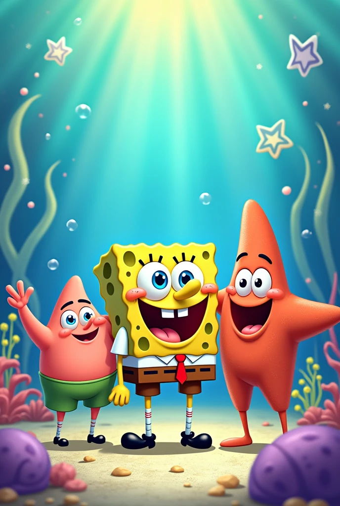 create a picture of spongebob with 2 kids and a wife , Create in cartoon form with 2 spongebob style children and create the wife in starfish style