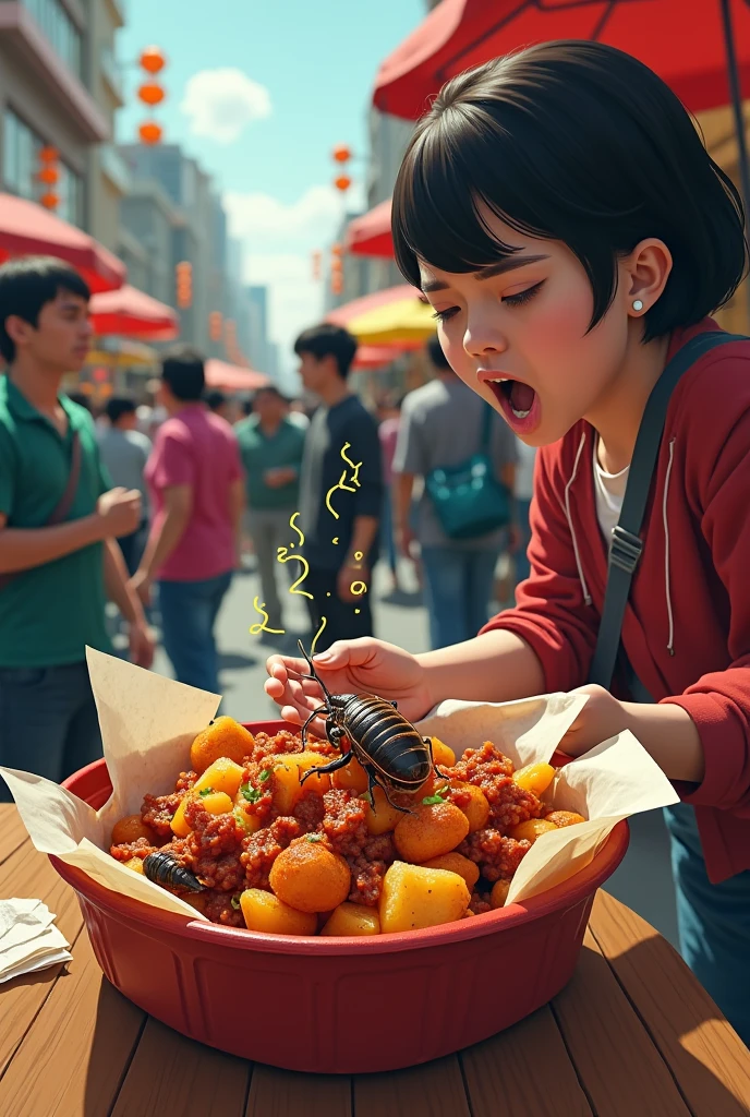 I want a thumbnail for my YouTube channel that inside the video is, I found a cockroach and arms in my chili potato street food and that is so bad. So please avoid street food and I save my friend 