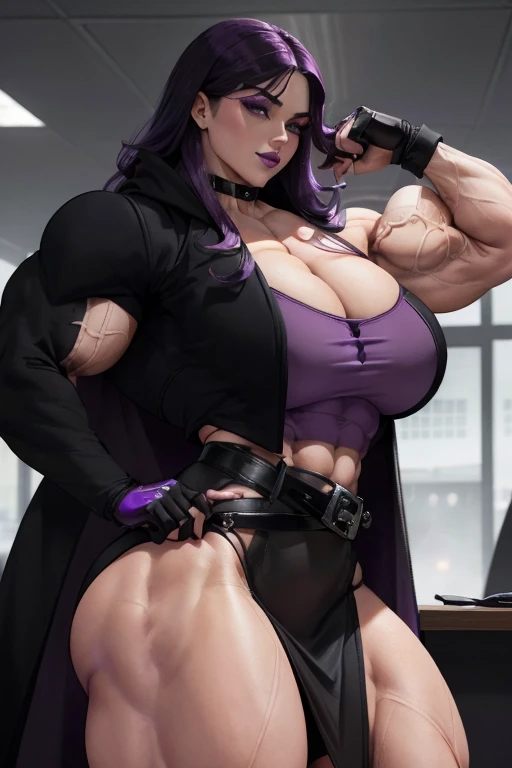 ((Close-up)), tall, (violet purple hair), beautiful muscular business woman, long hair with long bangs, pale white skinned, closed smile, large breast, (black lipstick), (massive muscles), (hyper muscle), ((ginormous bulky muscles)), black eyes, ((((black overcoat)))), ((((violet office top)))), (((pencil skirt with belt))), (fingerless gloves), choker, in airport, 