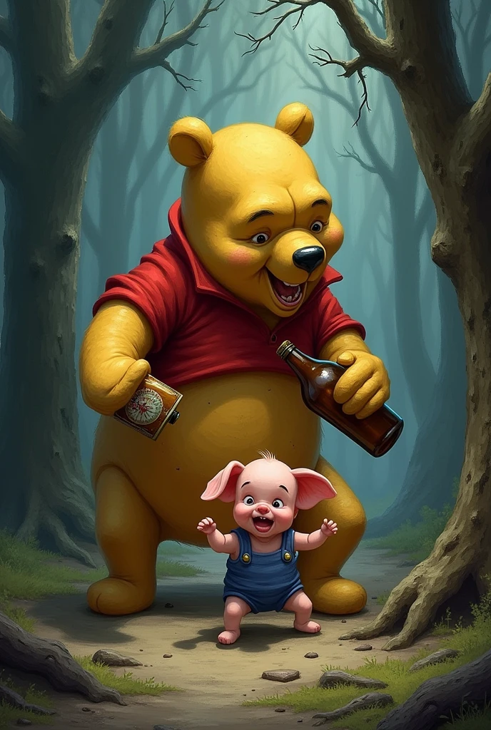 Drunk Winnie the Pooh beating Piglet(Winnie the Pooh is holding a bottle of beer).