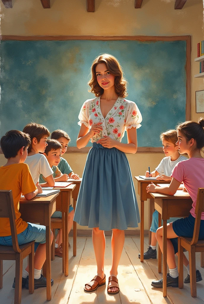 A nostalgic watercolor painting of a young woman in the 1980s, beautifully dressed in a floral blouse, teaching a small class of eager children in a rustic schoolhouse. Surrounded by simple wooden desks and books, she smiles as she imparts knowledge on reading, writing, and arithmetic. Her gentle gestures and warm smile are evident, creating an inviting atmosphere. The soft lighting casts a gentle glow on the classroom, highlighting her graceful figure and the shadows of the rustic space. The overall ambiance evokes a sense of warmth, love, and education.