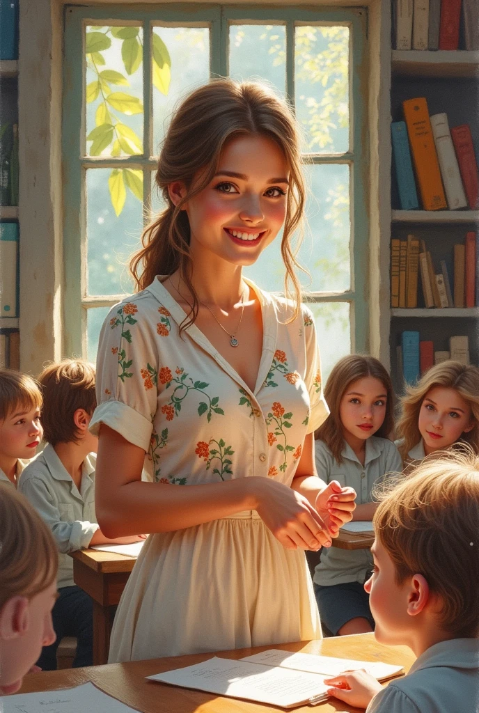 A nostalgic watercolor painting of a young woman in the 1980s, beautifully dressed in a floral blouse, teaching a small class of eager in a rustic schoolhouse. Surrounded by simple wooden desks and books, she smiles as she imparts knowledge on reading, writing, and arithmetic. Her gentle gestures and warm smile are evident, creating an inviting atmosphere. The soft lighting casts a gentle glow on the classroom, highlighting her graceful figure and the shadows of the rustic space. The overall ambiance evokes a sense of warmth, love, and education.
