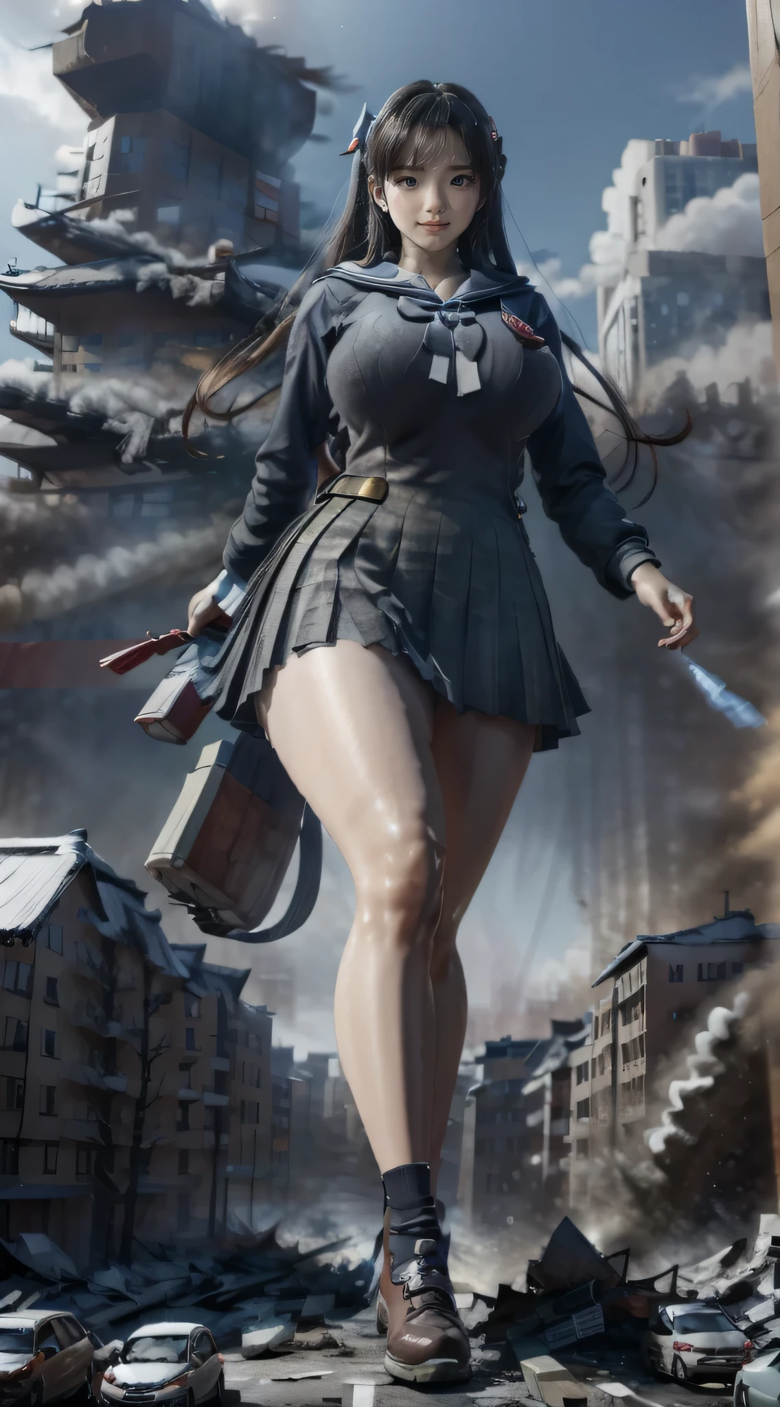 (Giantess Elements, High resolution, high quality, 32K,Accurate body structure, Detailed body), Japanese schoolgirl, Sailor suit, Towering Giant Girl, Very large breasts bigger than a face, Looking up at a woman approaching from below, giant attacks city, cute, girl Destroy a small town, Destroy a small town, Naughty look, Japanese, White skin, smile, trampling buildings, rubble, Burning Small Town, destroyed small building, Collapsed highway, Cars are crushed, Evacuation of residents, ((crowd:1.75)), Commuting hours, Burning Small Town, please, walk, Trampling, Anatomically correct, Accurate human body, Accurate skeleton, Full body portrait, blue eyes, rubble scattered at feet, taller than a skyscraper, Major impact, wonderful, Giantess Elements, Draw a woman in a big way, The rise of disruptors, making city smaller, rampage, city, building,