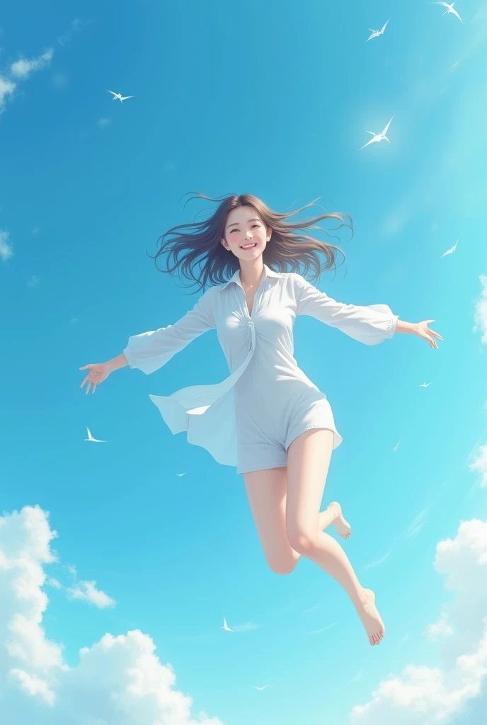 ((Highest quality)), ((masterpiece)), (detailed), ((Highest quality))、Perfect Face, Japanese、2、woman、smile、Light light brown hair、Perfect Anatomy、Anatomically correct body、White collared shirt、blue sky、((Spread your arms and fly in the sky))、Floating in the air、