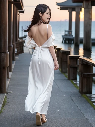 Japanese female, (underweight), (medium bust best quality:1.0), 30 years old, (cheerful grin:1.0), walking, long hair, (backless silk dress),(pier:1.2), (Backlit:1.4), full body shot, (long shot), ground-level shot