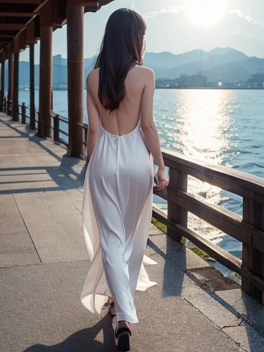 Japanese female, (underweight), (medium bust best quality:1.0), 30 years old, (cheerful grin:1.0), walking, long hair, (backless silk dress),(pier:1.2), (Backlit:1.4), full body shot, (long shot), ground-level shot