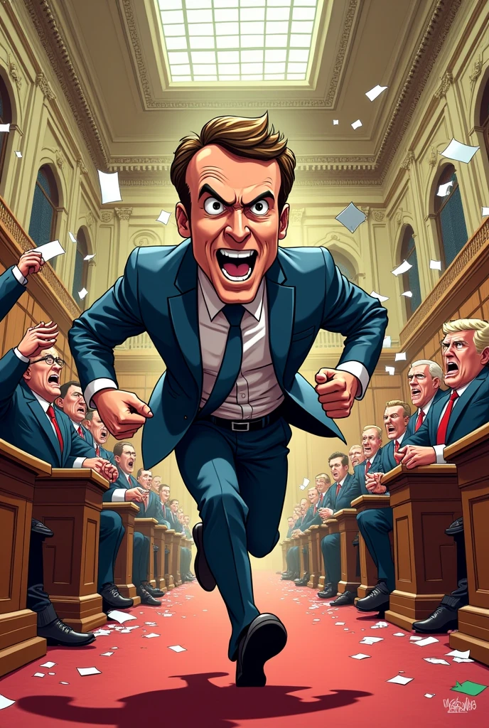 Une caricature style shonen japonais de Macron le président qui court dans l'assemblée en esquivant des objet lancé par les députés mécontents