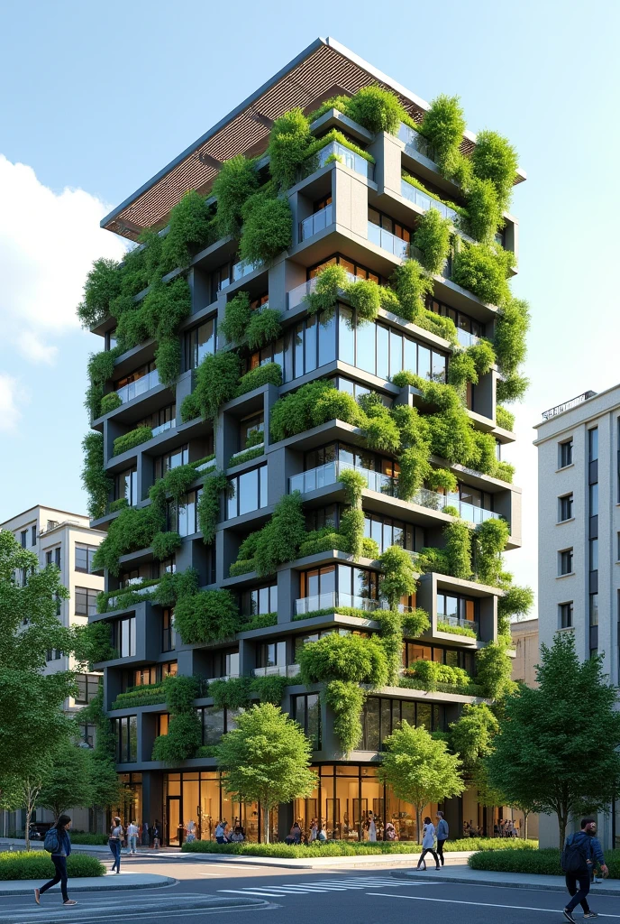 Mixed use building dengan vertical garden, green roofs, roof top dengan panel surya