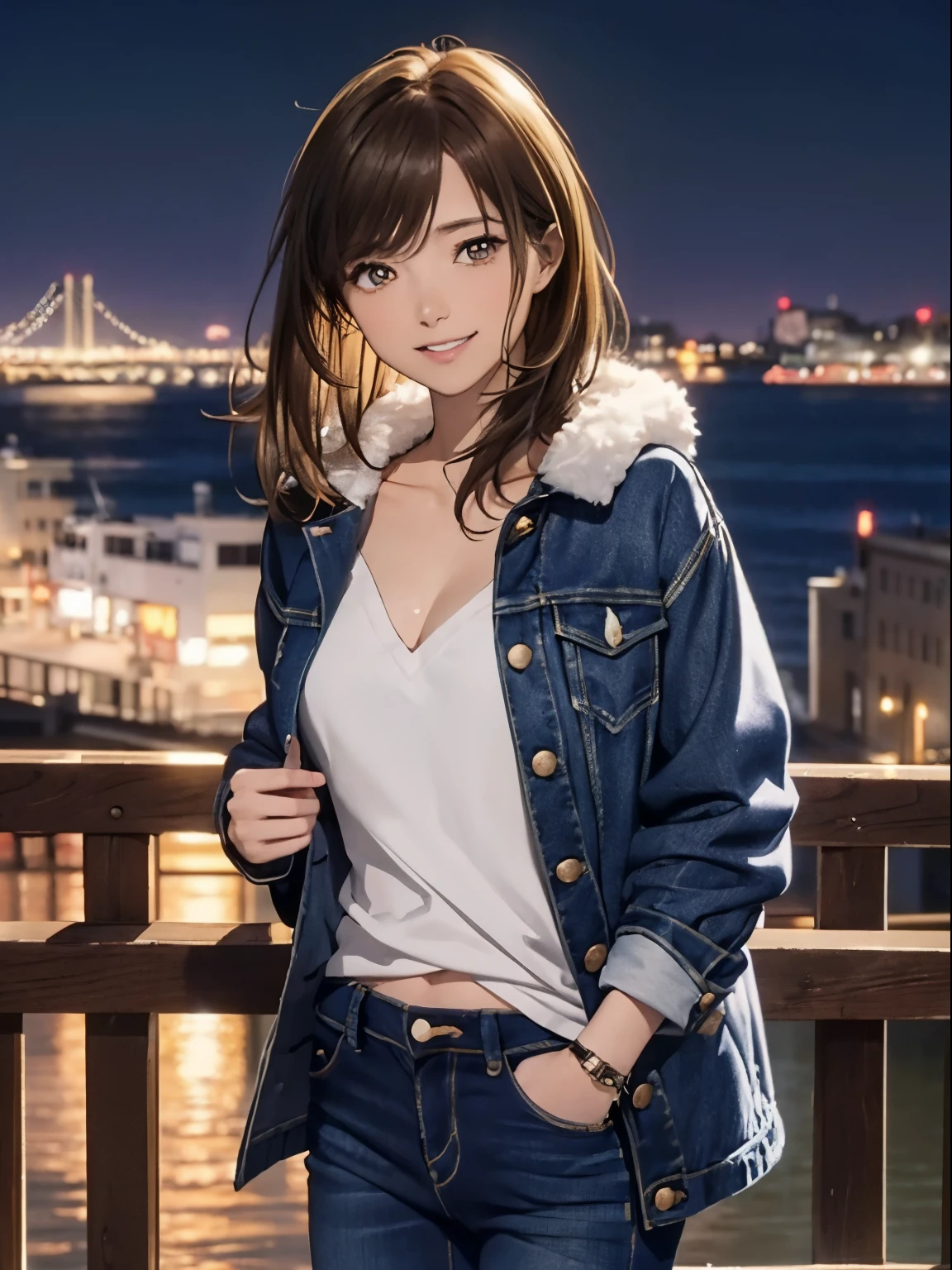 High resolution, 8k, Highest quality, detailed, Semi-realistic anime, Anime 3D Style, Smooth anime CG, One Girl, A 20-year-old Japanese woman, slim, Modeled, Shiny brown hair, detailedな顔, Beautiful and detailed, Glowing Skin, Hard Focus、Film Grain, Soft lighting, Looking at the audience, Laughter, (A woman wearing a casual jacket and jeans), Port town at night、City lights reflected in the sea and anchored ships