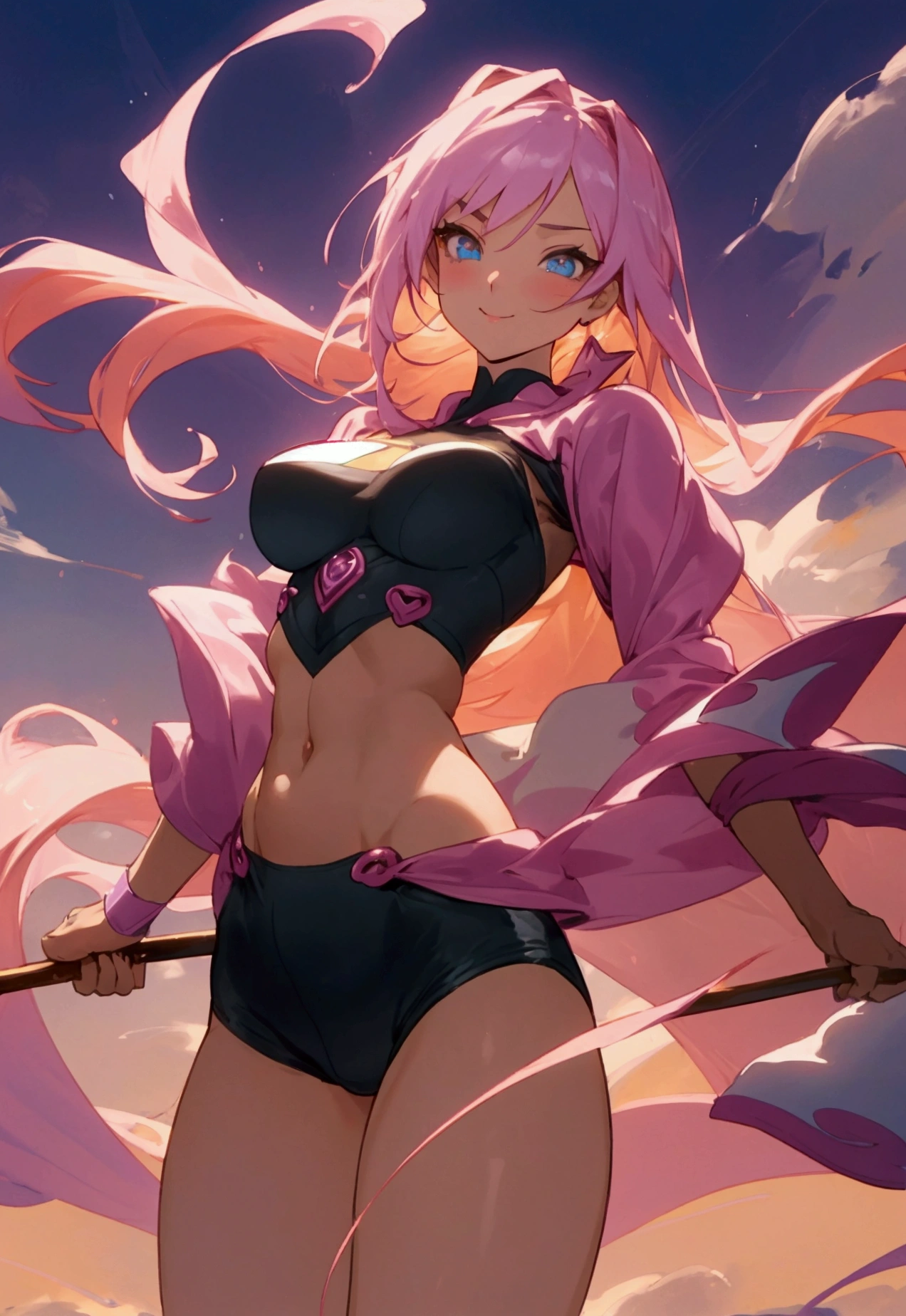 A highly detailed and clear anime-style image of a dynamic and sexy young woman, confidently holding a glowing magical bow, ready to shoot an arrow. She is wearing tight spandex shorts with subtle metallic accents and a short, cropped top with a plunging neckline that reveals her toned midriff. Her body is proportionate and well-defined, with no distortions. Her stance is slightly angled, with one hip jutting out and her weight shifted onto one leg, adding a touch of sensuality to her powerful demeanor. Her eyes are fierce yet carry a hint of a playful, seductive smile. Her long hair cascades down her back, flowing freely in the wind, adding to her wild beauty. The magical bow emits a swirling, mystical aura. The background features a vibrant, fantasy landscape with a colorful, dramatic sky at dusk. Soft, warm lighting highlights her curves, creating gentle shadows that accentuate her athletic physique. The overall scene is sharp and richly detailed, with crisp lines and vivid colors, typical of high-quality anime art.