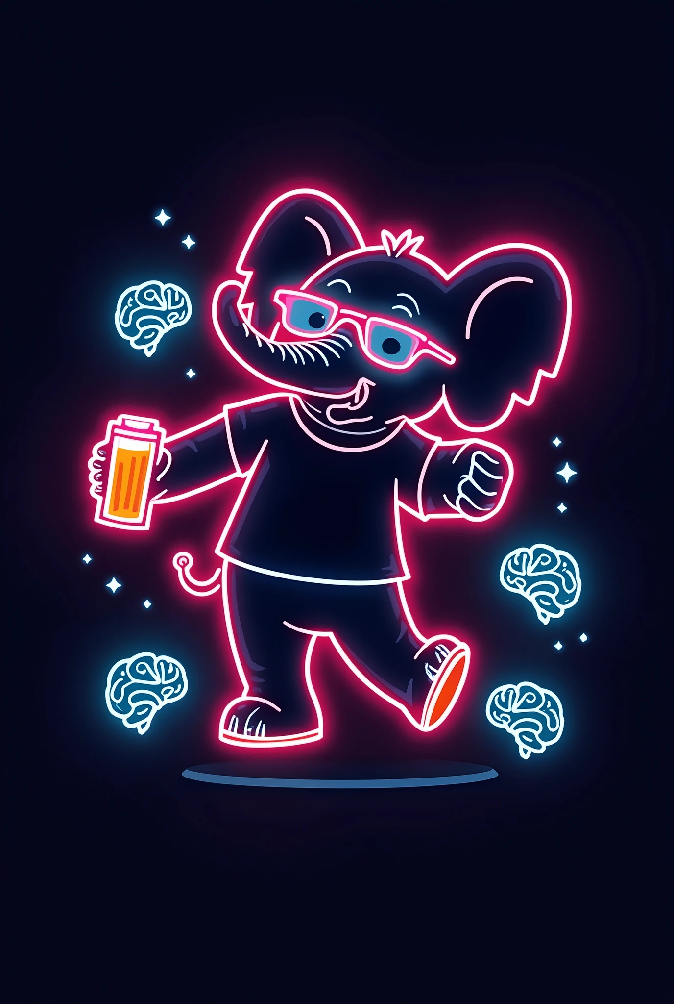 A minimalistic neon-style emblem featuring an elephant outlined with neon lines, wearing a Tuffi T-shirt, holding a beer, and dancing. The elephant is dressed in 70s, 80s, or 90s fashion with trendy glasses. The design is purely an outline with no detailing, surrounded by simple brain icons also outlined in neon, suggesting a psychological theme. The emblem has plenty of open space for adding large text, set against a dark background for a vibrant, party-ready look.

