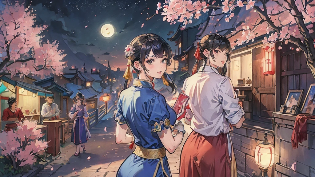 Street Fighter Chun-Li anime Cherry Blossoms at Night Looking Back moon China dress human