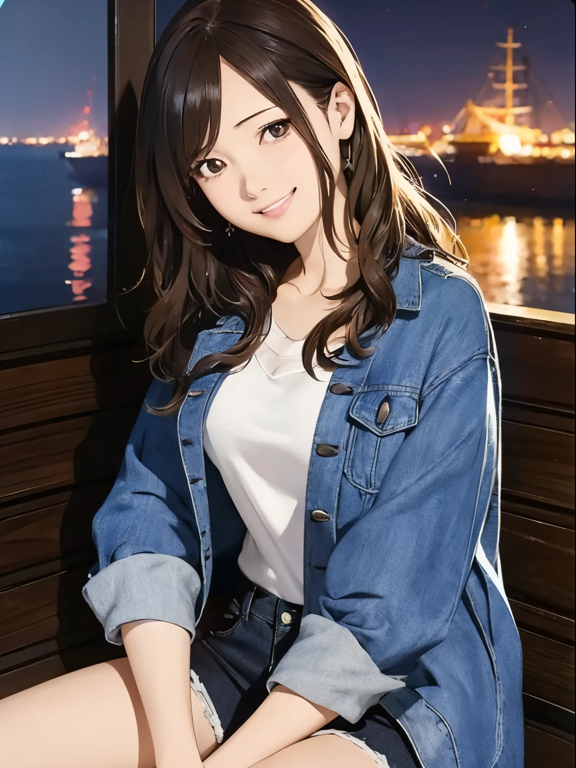 High resolution, 8k, Highest quality, detailed, Semi-realistic anime, Anime 3D Style, Smooth anime CG, One Girl, A 20-year-old Japanese woman, slim, Modeled, Shiny brown hair, detailedな顔, Beautiful and detailed, Glowing Skin, Hard Focus、Film Grain, Soft lighting, Looking at the audience, Laughter, (A woman wearing a casual jacket and jeans), Port town at night、City lights reflected in the sea and anchored ships