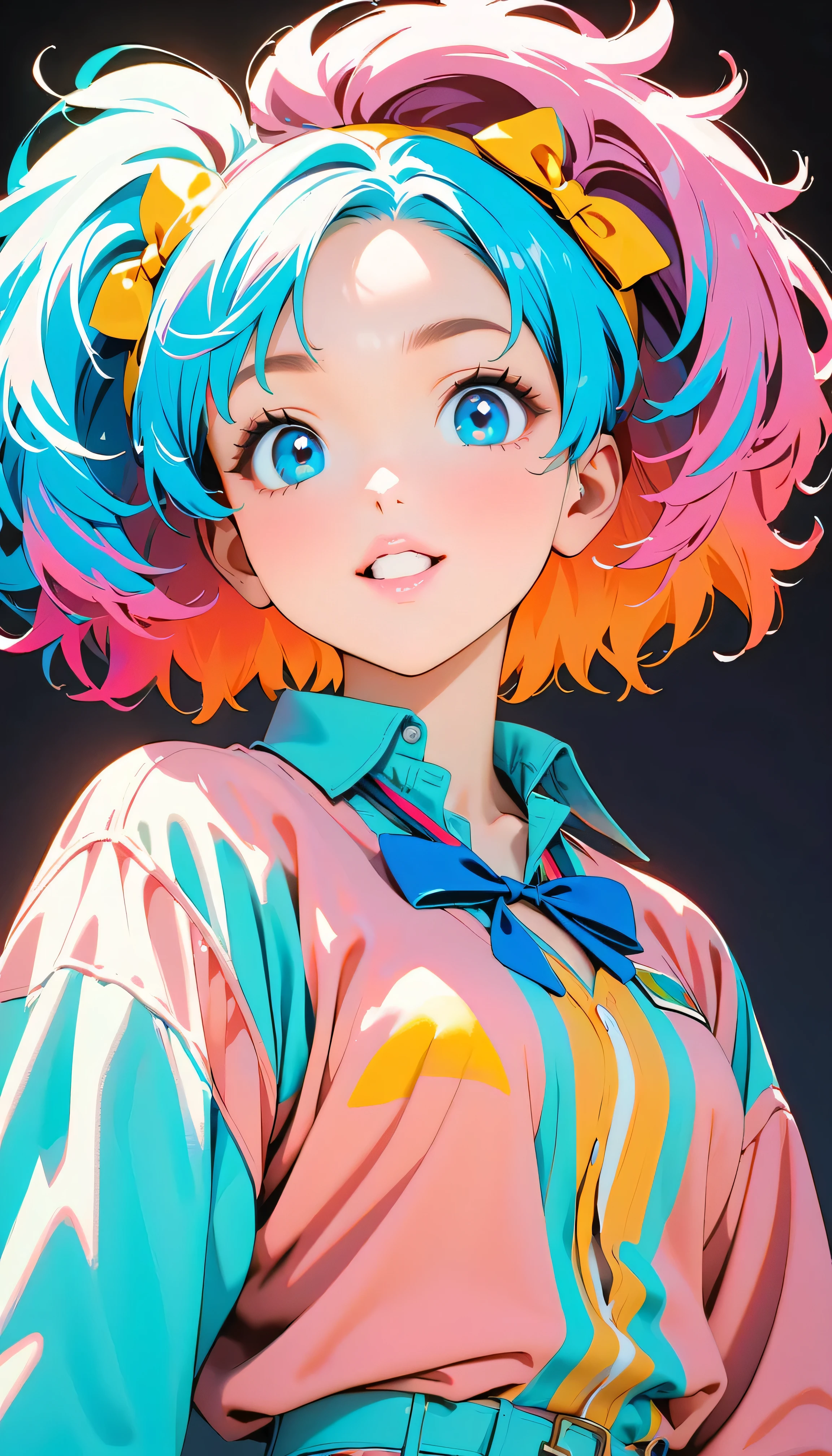 (Highest quality:1.2, City Pop Style, Very detailed, Latest, Vibrant, High Contrast, masterpiece:1.2, Highest quality, Best aesthetics), , ((Face Up Shot:1.4)), Colorful Hair, pastel colour, 1980s style, ((Retro, Vintage, Plain background)), dynamic