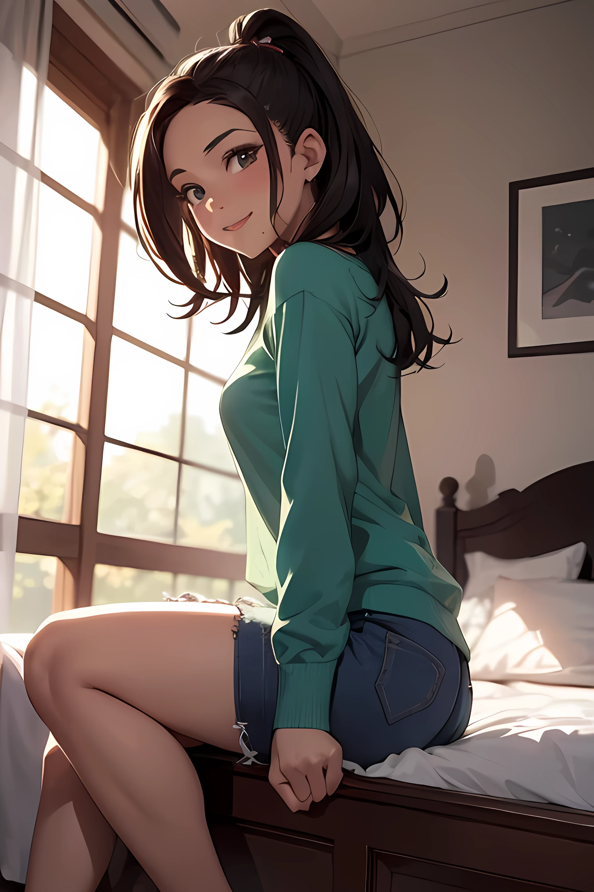arab girl in green top, Sitting on the edge of the bed, mattress sagging deep under her weight, isabela moner, alanis guillen, headshot profile picture, profile pic, cute beautiful, beautiful cute, fanart, avatar image, cute young girl, 8k selfie photograph, young and cute girl, beautiful young girl, youthful taliyah, young cute face, violet myers, beautiful smile