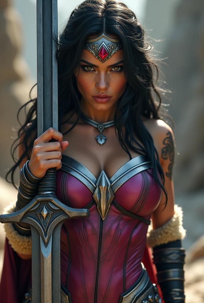 (((In extreme close-up a beautiful woman with long black hair under the mantle of the Amazon warrior Wonder Woman fuchsia jumpsuit with a silver metal eagle on her breasts as an emblem Dark silver metal bracelets long black boots up to her knees with gold sheepskin trim on her shoulders tattoos on one of her arms and a wide silver metal headband with a red ruby on her forehead)))Giant Viking style sword in his hand)))