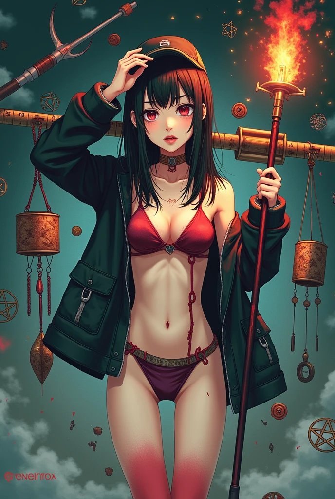 jacket partially removed, heart in eye, burnt clothes, holding fishing rod, kanji, doujin cover, pentagram, tape gag, adjusting headwear, red socks, friends, cloud print, coke-bottle glasses, oral invitation, competition school swimsuit, barbell piercing, gradient legwear, prisoner, blood on breasts, wind chime, carrying over shoulder, tape measure, flaming weapon