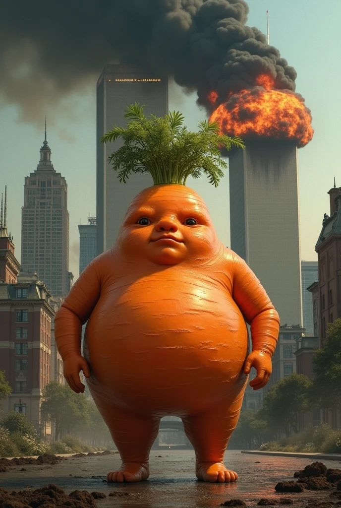 Obese carrot boy, with 9/11 in the background