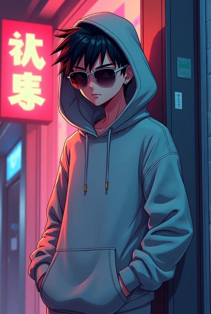 Create Anime chartoon chartcher with sunglasses for hoodie boy for 20 years