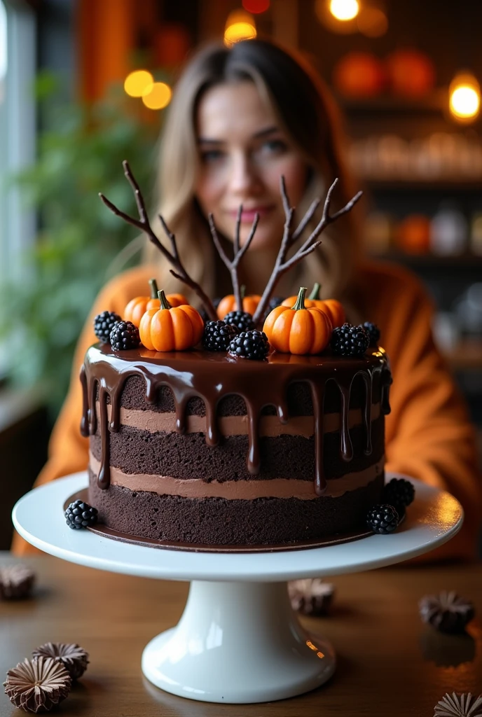 {Mouth-wateringly realistic Halloween-themed chocolate cake with dark chocolate layers, dripping with glossy ganache, topped with mini pumpkins, blackberries, and twisted chocolate branches for an eerie touch, all set on a sleek white cake stand. In the background, a beautiful woman is visible, dressed exactly like in the reference image, with her long wavy hair and warm-toned outfit. The woman is slightly blurred due to the photo effect, highlighting the cake's details and the cozy, Halloween-inspired setting with warm lights, greenery, and autumnal décor. Ultra-realistic 4K close-up shot, {cozy, Halloween-inspired café ambiance}, Canon EOS R6, f/1.4, ISO 125, high-resolution textures, with a soft bokeh effect to slightly blur the background, keeping the scene warm, welcoming, and focused on the cake.}