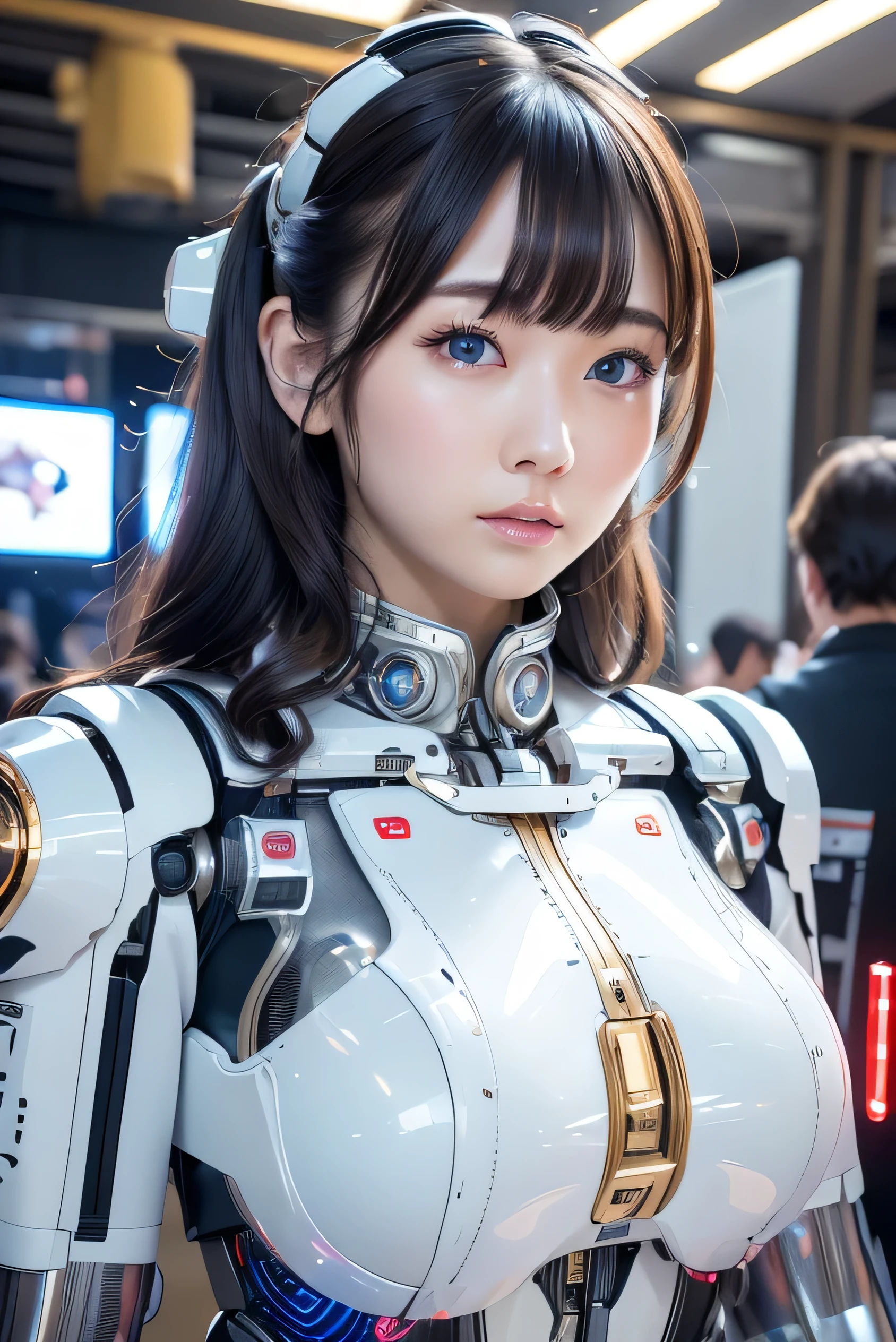 masterpiece, Best Quality, Extremely detailed, 8K portrait,Japaese android girl,Plump , control panels,Robot arms and legs, Blunt bangs,perfect robot girl,a bit chubby,white boots,white gloves,chest monitor,Charging spot,She is exhibits,exibition hall,promo girl,blue eyes