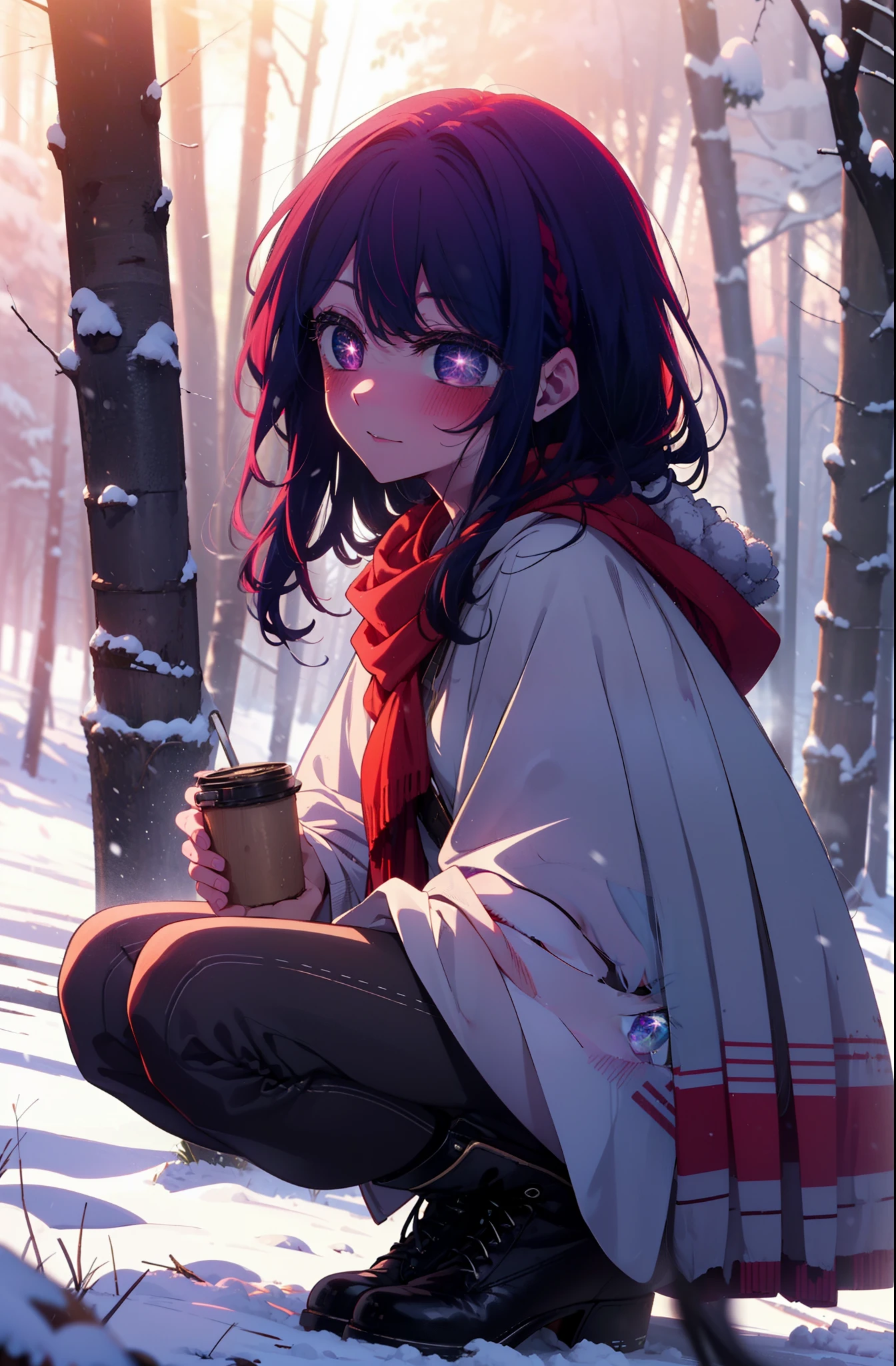 aihoshino, Ai Hoshino, Long Hair, bangs, (Purple eyes:1.1), Purple Hair, (Symbol-shaped pupil:1.5), smile,,smile,blush,white breath,
Open your mouth,snow,Ground bonfire, Outdoor, boots, snowing, From the side, wood, suitcase, Cape, Blurred, , forest, White handbag, nature, Squat, Mouth closed, Cape, winter, Written boundary depth, Black shoes, red Cape break looking at viewer, Upper Body, whole body, break Outdoor, forest, nature, break (masterpiece:1.2), Highest quality, High resolution, unity 8k wallpaper, (shape:0.8), (Beautiful and beautiful eyes:1.6), Highly detailed face, Perfect lighting, Highly detailed CG, (Perfect hands, Perfect Anatomy),