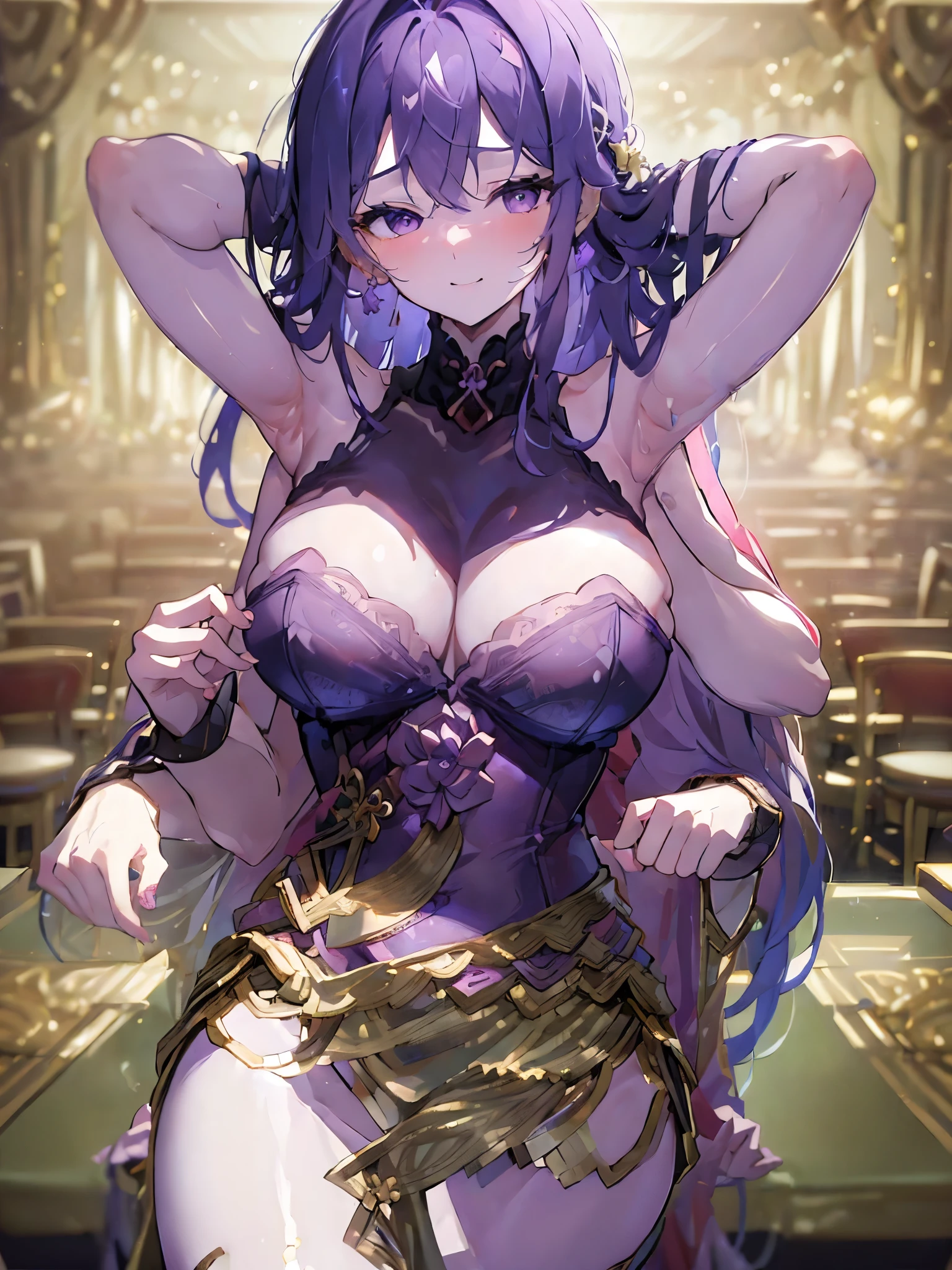 (Masterpiece, best quality), best resolution, (3 heads:1.5), 1 woman, purple hair, wink, conjunctivitis, เClose one eye, Close one eye, be happy, charming, smile, underwear, sexy pose, Casual poses, Natural posture, hotel bedroom,DSLR Photos, (8ก, 4K, Masterpiece),(Masterpiece, best quality), best resolution, (3 heads:1.5),Arms separated,arm circle, (Put your hands on your head....), (lower hand on ankle), (lower hand on leg), Full content in the frame, full body view, (four arms),(Multi-arm),(many hands), รูปร่างเพรียวบาง Masterpiece,best quality,best resolution,1 woman,many heads, upper body, รอยsmile, Facing the audience,big breasts,simple background,Beautiful face,Beautiful hair,beautiful eyes,beautiful body,Beautiful hands,conjoined twins