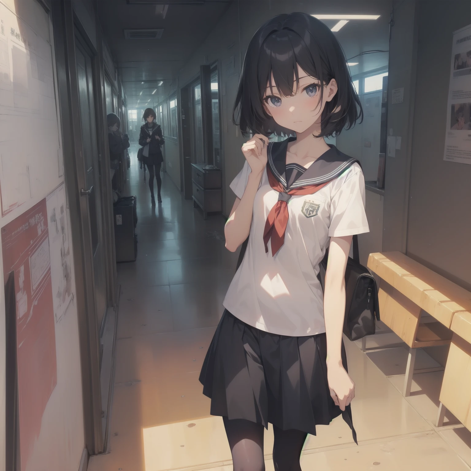 ultra-absurdres-Top quality by artist God, ultra-detailed, high resolution, anime moe artstyle, best anime 8k konachan wallpaper, pixiv contest winner, pool:2810, perfect anatomy,break, 1girl, (Please draw a girl walking sleepily to school alone. )break,(Solo,little female,:1.3),Full limbs, ,a junior high school student, (very short hair), short cut, flat chest, , small butt, small black eyes, beautiful detailed eyes, well-proportioned iris and pupils, expressive eyes, highres detailed hair, soft expression, salor school_uniform, sailor collar, serahuku, bow, pleated skirt,(Detailed Lighting), (Detailed background), in the School commute route. break,super detailed skin, Best cinematic lighting powered by famous artist, 8k,beauty illustration,photoshop_(medium),very aesthetic,break,((artist:echo_(circa) )), artist:clamp ,artist:carnelian ,artist:kantoku ,
