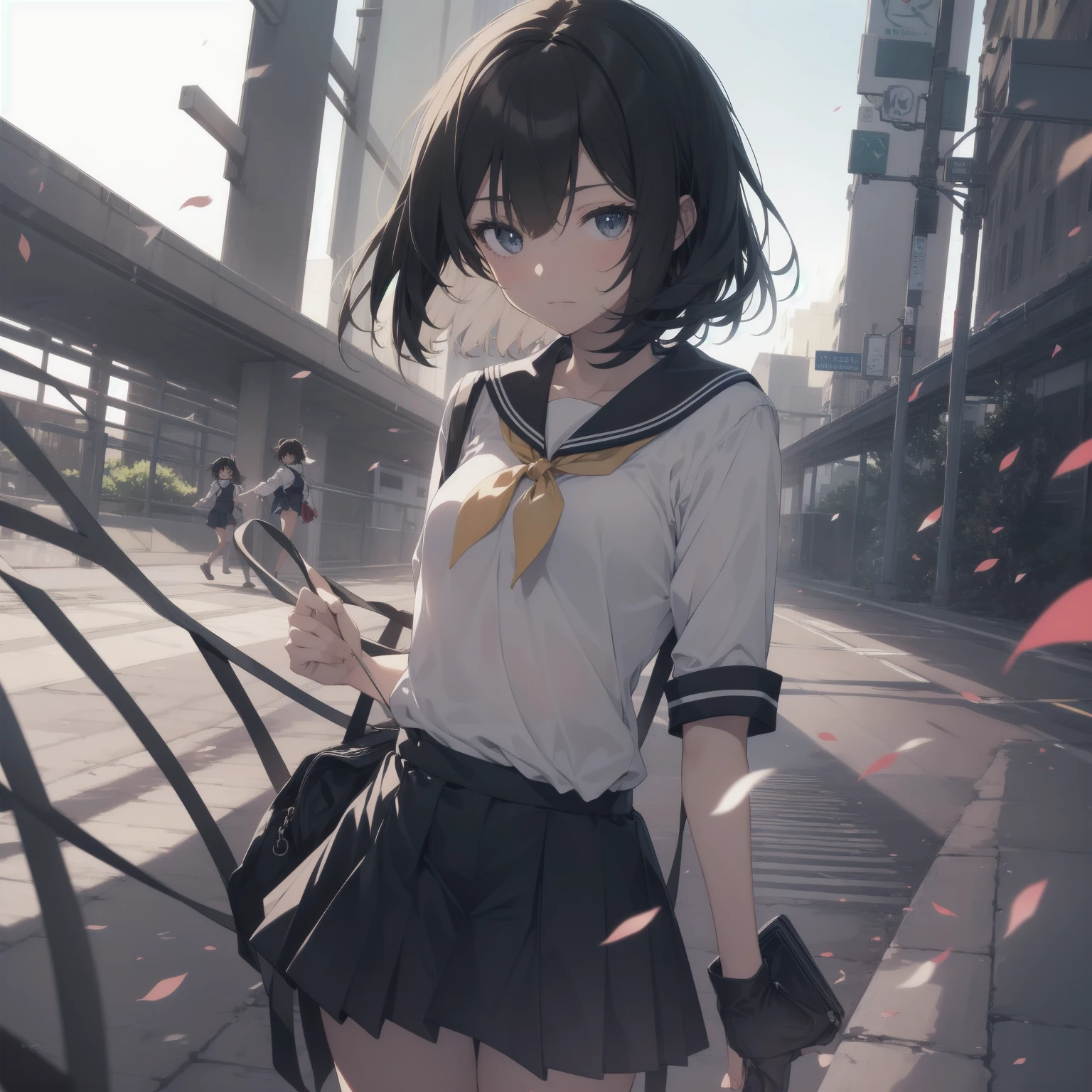 ultra-absurdres-Top quality by artist God, ultra-detailed, high resolution, anime moe artstyle, best anime 8k konachan wallpaper, pixiv contest winner, pool:2810, perfect anatomy,break, 1girl, (Please draw a girl walking sleepily to school alone. )break,(Solo,little female,15yo:1.3),Full limbs, ,a junior high school student, (very short hair), short cut, flat chest, , small butt, small black eyes, beautiful detailed eyes, well-proportioned iris and pupils, expressive eyes, highres detailed hair, soft expression, salor school_uniform, sailor collar, serahuku, bow, pleated skirt,(Detailed Lighting), (Detailed background), in the School commute route. break,super detailed skin, Best cinematic lighting powered by famous artist, 8k,beauty illustration,photoshop_(medium),very aesthetic,break,((artist:echo_(circa) )), artist:clamp ,artist:carnelian ,artist:kantoku ,