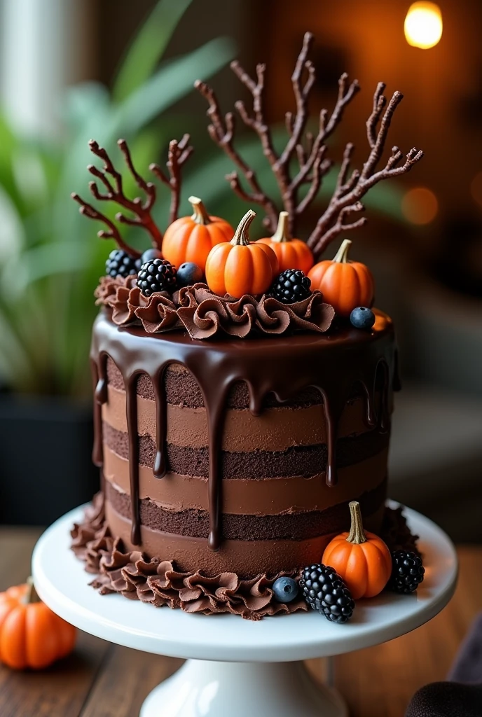 {Hyper-realistic Halloween-themed chocolate cake with deep chocolate layers, adorned with dripping chocolate ganache, mini pumpkins, blackberries, and intricate twisted chocolate branches, set on a white cake stand. The scene is set in a cozy café or living room, with a beautiful woman in the background, styled exactly like the reference image, including her wavy hair and warm outfit. The woman is slightly blurred to focus attention on the detailed, spooky cake while still creating a warm and inviting atmosphere with lush greenery and soft lighting. Ultra-realistic 4K rendering, close-up shot, {warm and cozy Halloween ambiance}, Canon EOS 5D Mark IV, f/1.8, ISO 200, rich bokeh effect that blurs the background slightly while maintaining a clear focus on the cake.}

