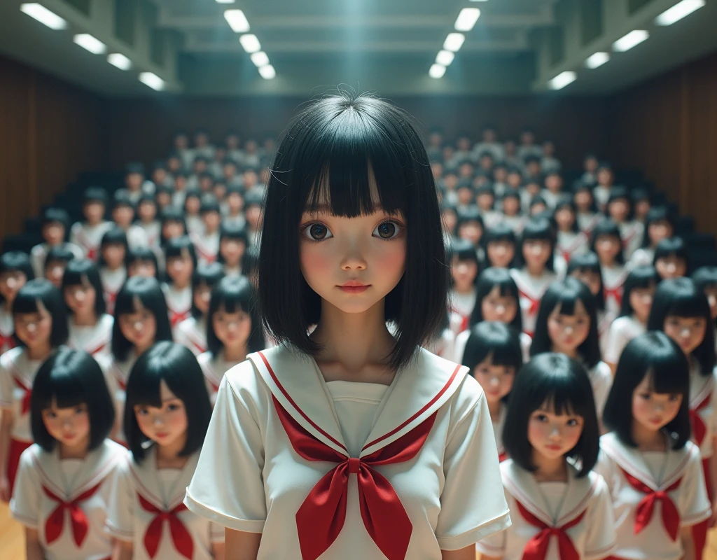 (Japanese Clone-girls=Myself), (Super Best masterpiece Clone-girls Raw Photography Art), (16K, Highest quality, Ultra-high resolution, RAW Photos), (It's so unrealistic., With unparalleled depiction, With an unfathomable sight, An unprecedented and shocking worldview, Clone-girls: In a world of mass reproduction, Ultra-realistic), (Japanese Girls, 16yo, Small face, Thick black hair, long hair, Dark Eyes, Mature face, かわいいsmile, Smiling face, A gentle gaze, Very pleasant look), (Very beautiful detailed girls, Accurate body structure, Accurate body movements, Very detailed body, (Super big breasts, Large bulge of ample breasts)), (Schoolgirl uniform, Short sleeve, mini skirt, Emphasise the fullness of your breasts), (Very detailed, Myself cloning, Depiction of splitting oneself, 1Myself girl→1,000,000,000,000,000,000,000,000,000,000Myself cloning girls), (Very detailed and intricate, Myself clone-girlsから, Myself's body is multiplying, A perfectly matched depiction, (In the same female body,With the same face, With the same hairstyle, In the same clothes, At the same height, 同じSuper big breasts)), (Myself girls only), Academy, gym, stage, academic level, Commemorative photo depiction, Group photo, Tiered stage photography, smile, Ultra-wide field of view