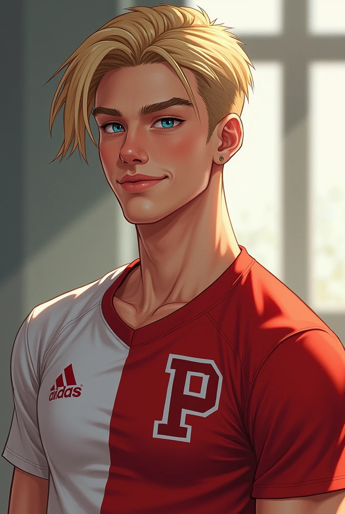 He is a teenager with an athletic male body, a toned and sculpted body, straight blonde hair, a toned and muscular body and hair thrown to the side, which is a great charm for women., piercing gaze and the color of his blue eyes picina, man's face and impeccable posture and wears a uniform with red and white on the team jacket and an acronym of the school's name is the letter P for team like the United States, but he likes to run after those who don't want him!. Show me in a more realistic way and in human form. With a half chad face.