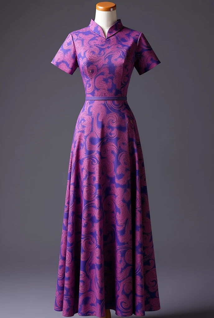 Thai dress, purple Thai pattern, flared skirt, collar, neat