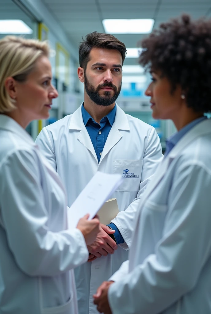 Three people are in the lab standing, they are wearing lab coats. One of them is early 60s woman, blonde short size hair and she is the auditor, holding some documents. One auditee is at early 30s man handsome with dark hair, beard and blue eyes, other auditte is middle early 40s woman with middle sized dark curly hair, hair not binded, eurasian. All three's faces are visible and look real people from pictures. They are in a company called Novonesis.