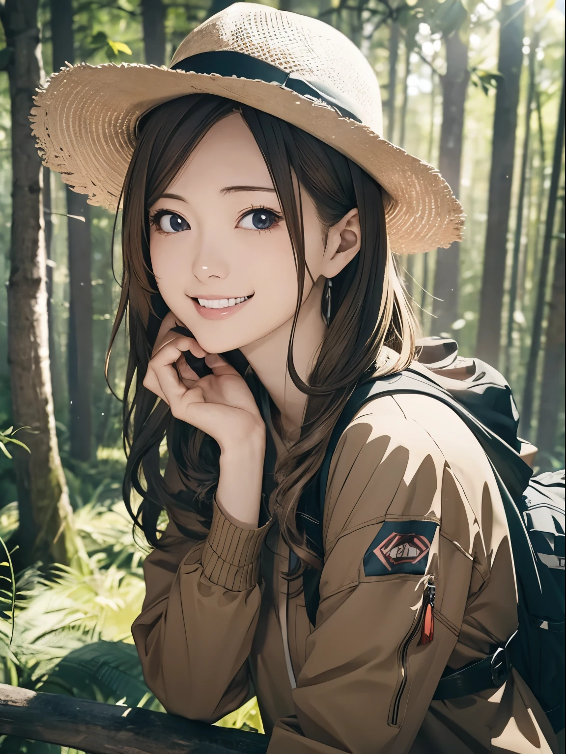 High resolution, 8k, Highest quality, detailed, Semi-realistic anime, Anime 3D Style, Smooth anime CG, One Girl, A 20-year-old Japanese woman, slim, Modeled, Shiny brown hair, detailedな顔, Beautiful and detailed, Glowing Skin, Hard Focus、Film Grain, Soft lighting, Looking at the audience, Laughter, (A woman wearing outdoor clothing and a hat), In the vast forest、A hiking trail bathed in sunlight filtering through the trees