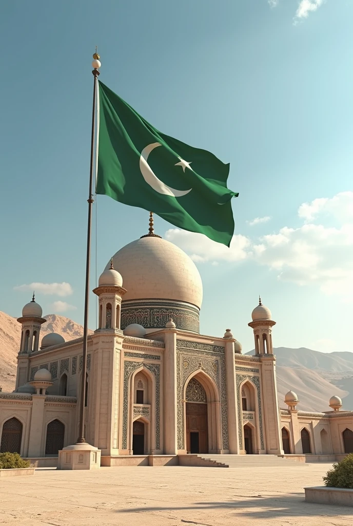 Ancient time masjid e aqsa with flag of islam 