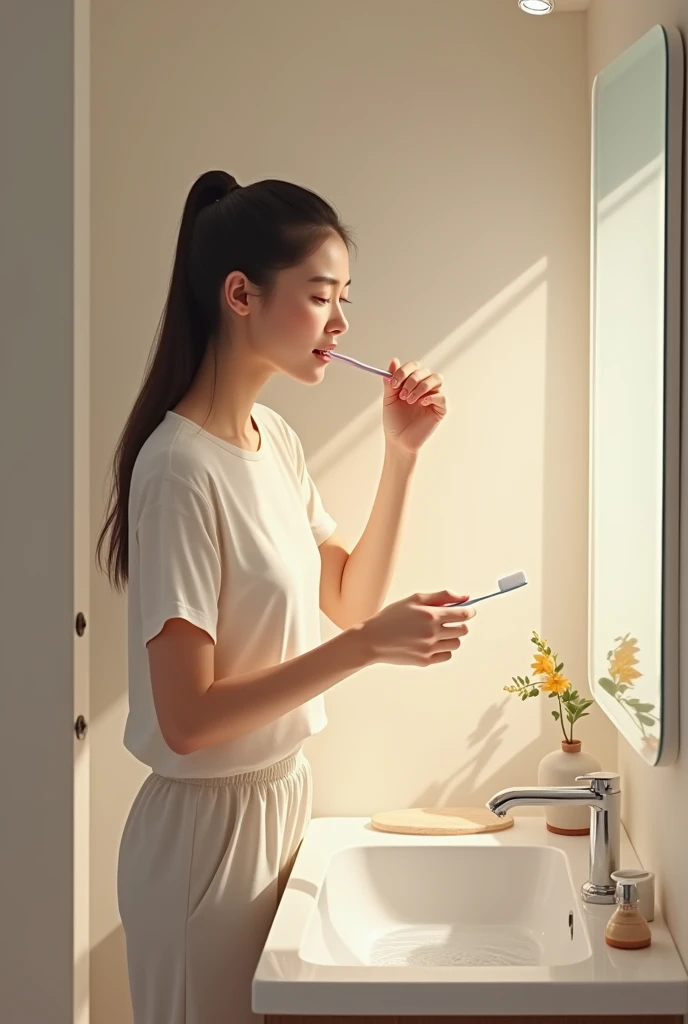 Woman brushing her teeth with the sink faucet turned off.