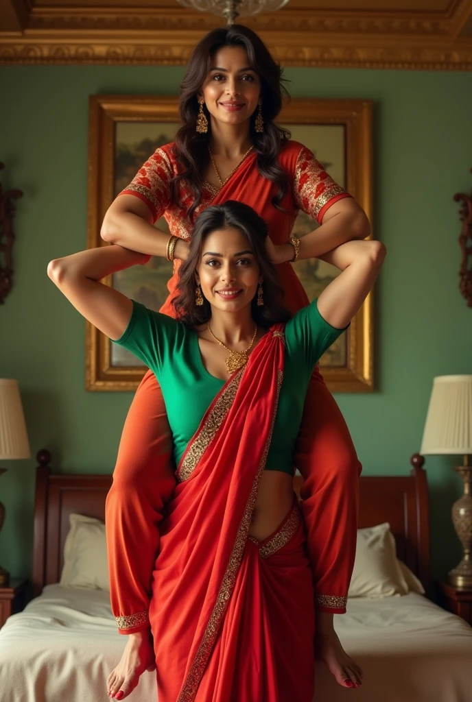 Beautiful and Slim Indian woman Aishwarya Rai in green blouse red saree lifting a large chubby fat man above her shoulders, man is sitting on woman's shoulders, in a bedroom with high ceiling, natural smile, woman is looking into the camera , full body image