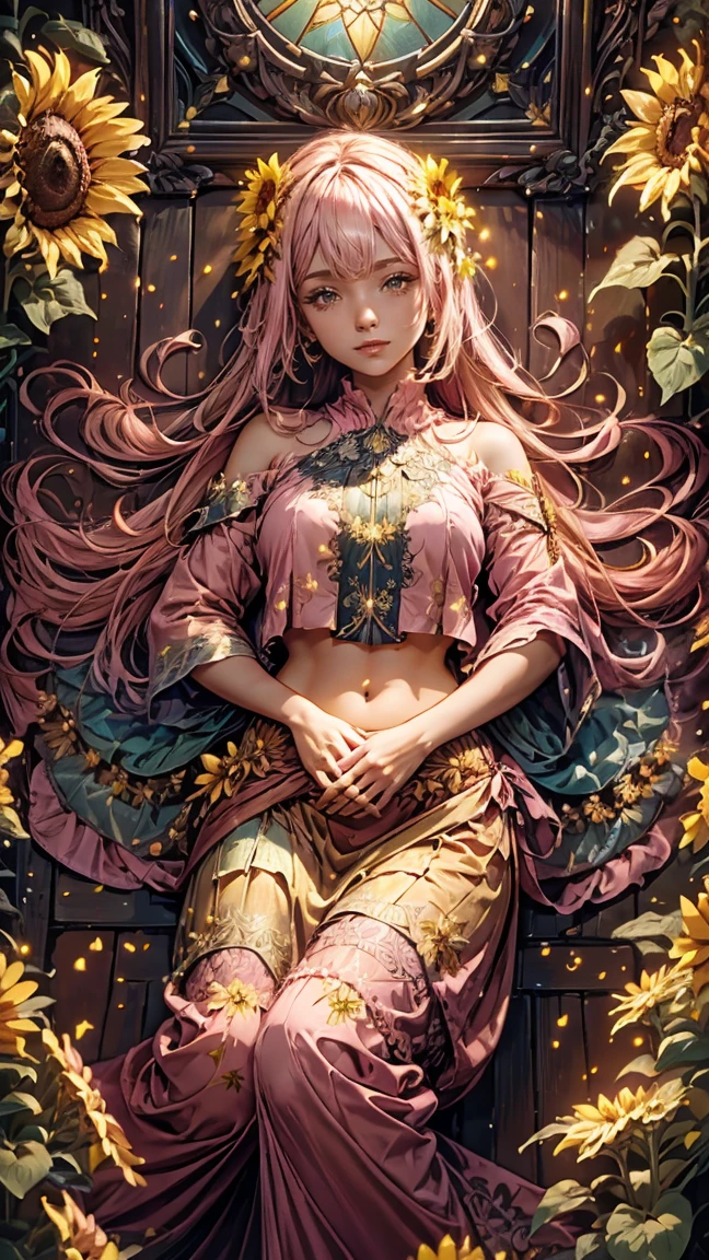 woman in a pink Crinkle Crop top, and a harem pants dress laying on a intricate wooden ornate floor surrounded by sunflowers, concept art , Artstation contest winner, fantasy art, uhd, goddess. extremely high detail, beautiful sunflower, flower goddess, goddess of summer