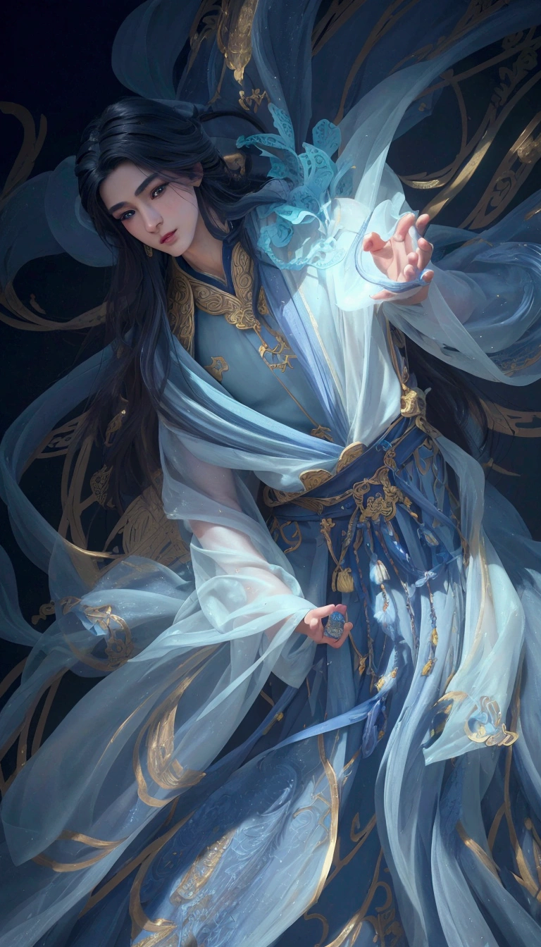 a handsome young man in a xianxia costume, beautiful detailed eyes, beautiful detailed lips, extremely detailed face, long eyelashes, elegant pose, intricate costume design, vibrant colors, dramatic lighting, cinematic, (best quality,4k,8k,highres,masterpiece:1.2),ultra-detailed,(realistic,photorealistic,photo-realistic:1.37),concept art