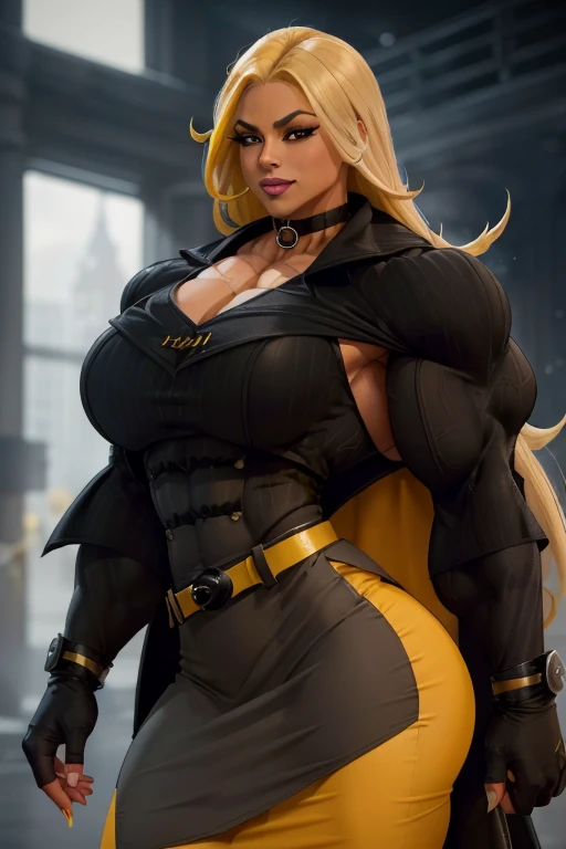 ((Close-up)), tall, (yellow hair), beautiful muscular latino business woman, long flowing hair, brown skinned, closed smile, (black lipstick), (massive muscles), (hyper muscle), ((ginormous bulky muscles)), gray eyes, ((((black overcoat)))), ((((yellow formal top)))), (((pencil skirt with belt))), (fingerless gloves), choker, in airport,