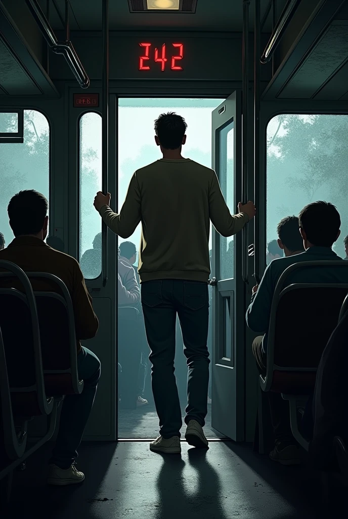 A man entered the bus and stands at the door