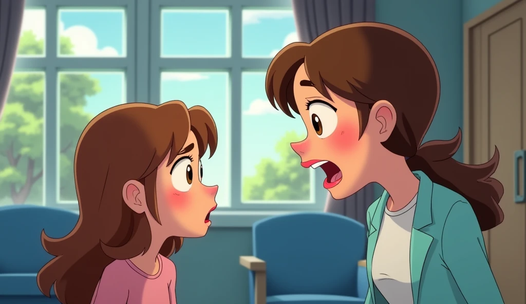 A lady angrily yells at the girl who is scared looking at her. The characters have brown hair and brown eyes.. Both are in a room with large windows and blue furniture.. Both are face to face. animated art.